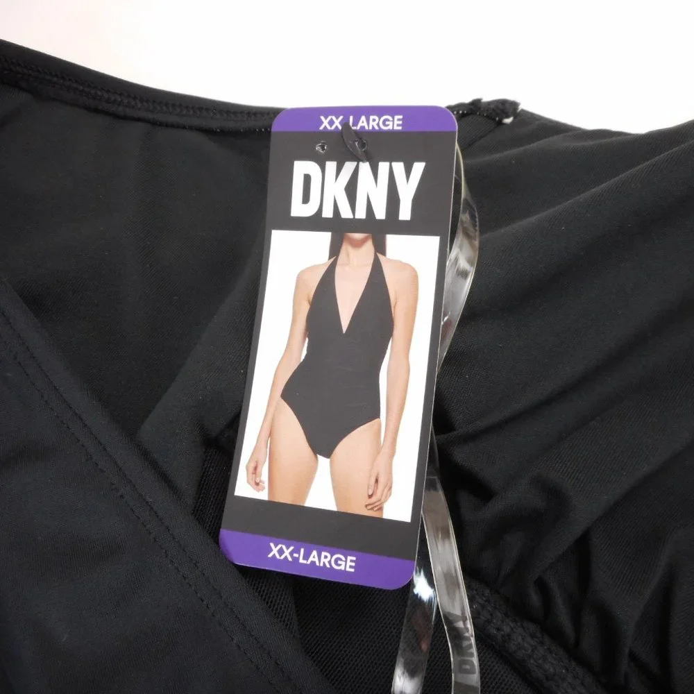 DKNY Women's Size 2XL Halter Shirred Waist One-piece Swimsuit Solid Black NWT - Picture 4 of 6